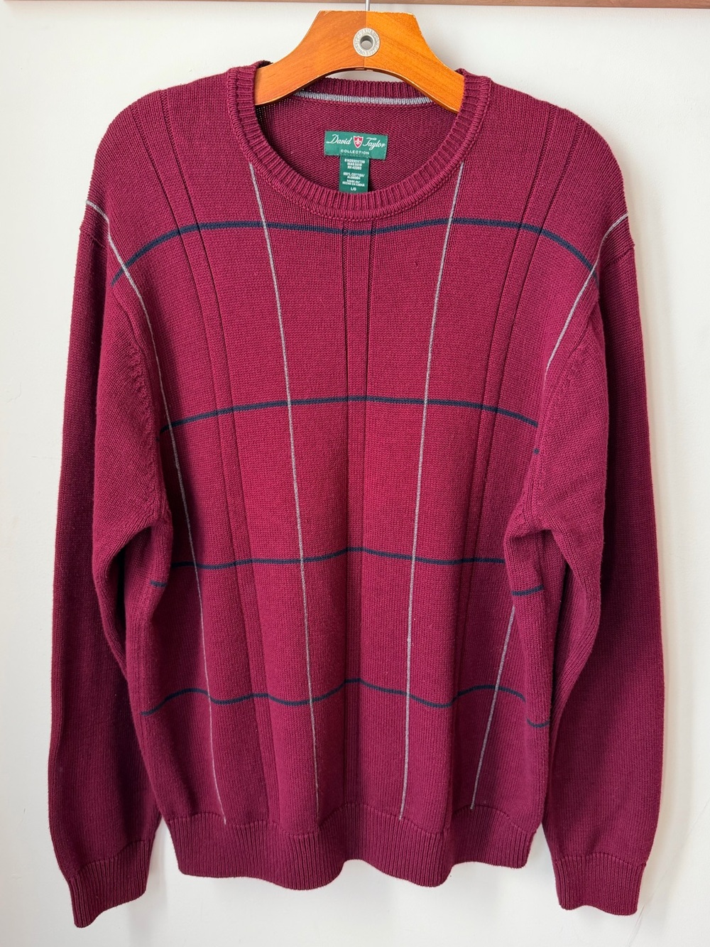 David Taylor Burgundy Grid Plaid Cotton Sweater • Preppy Eclectic Grandpa L